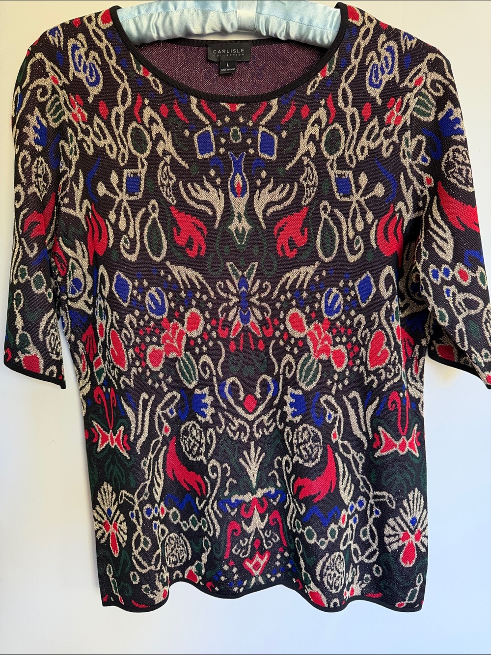 Carlisle Collection Black Multicolor Floral-Pattern Short Sleeve Knit Top